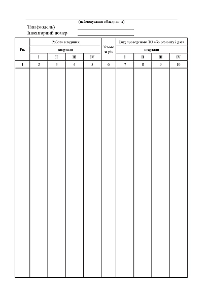 Книга обліку роботи паркового устаткування Наказ 1092
