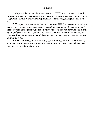 Журнал реєстрації медичної допомоги особам, перебувавших в підрозділі поліції Наказ 440