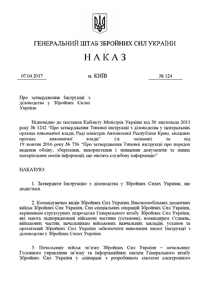Наказ 124 + Додатки. Про затвердження Інструкції з діловодства у ЗСУ Наказ 124, стара ред.