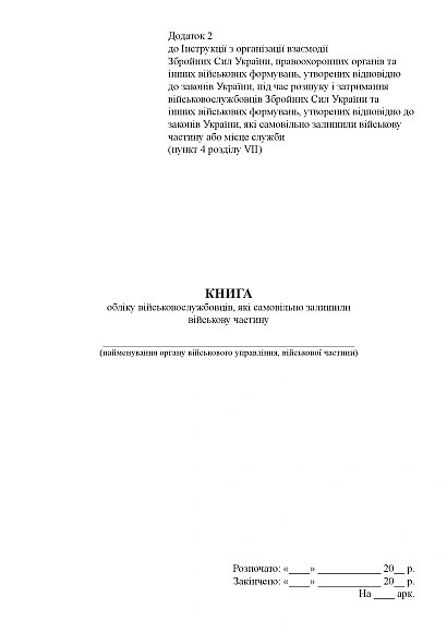 Книга обліку військовослужбовців, які самовільно залишили військ.частину Наказ31