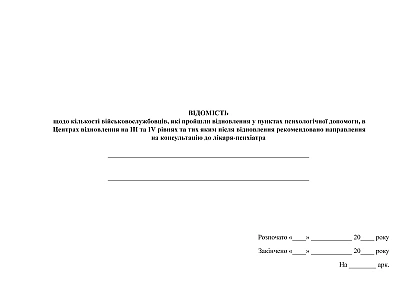Ведомость о количестве военнослужащих, прошедших восстановление в пунктах психологической помощи, в Центрах восстановления на III и IV уровнях и тех после восстановления рекомендовано направление на консультацию к врачу-психиатру