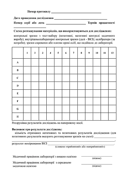 Журнал протоколів проведення досліджень з виявлення серологічних маркерів ВІЛ на тест-системі