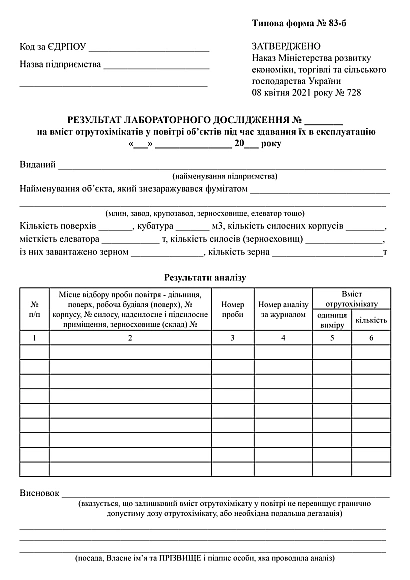 Карточка результата лабораторного исследования на содержание ядохимикатов в воздухе объектов при сдаче их в эксплуатацию на Ukroblik
