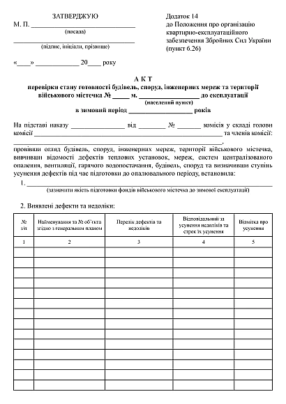 Акт проверки готовности зданий, сооружений, инженерных сетей и территории военного городка к эксплуатации в зимний период на Ukroblik