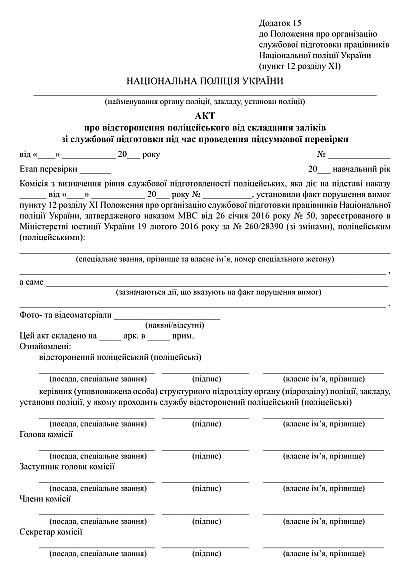Акт про відсторонення поліцейського від складання заліків зі службової підготовки під час проведення підсумкової перевірки на Ukroblik