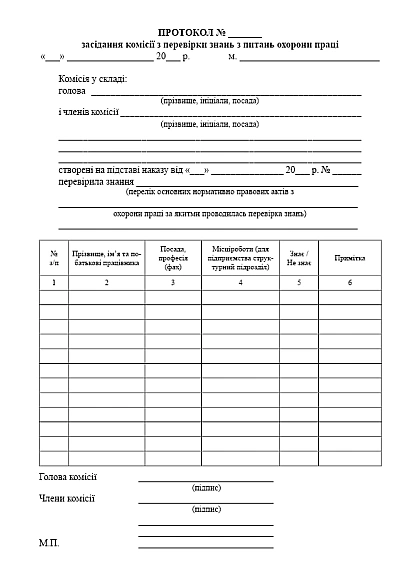 Журнал ведення протоколів засідання комісії з перевірки знань з питань охорони праці на Ukroblik
