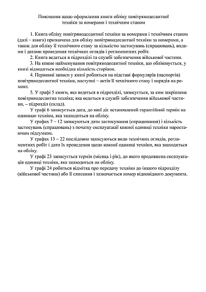 Книга обліку повітрянодесантної техніки за номерами і технічним стан Наказ 440