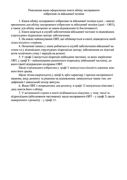 Книга обліку несправного озброєння та військової техніки Наказ 440