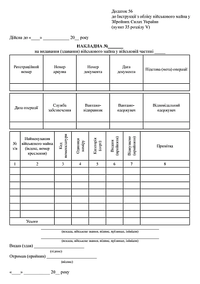 Накладна на видавання (здавання) військового майна у військовій частині Наказ440