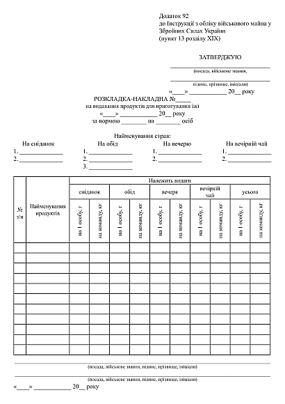 Раскладка-накладная на выдачу продуктов для приготовления пищи, 50 а Приказ 440