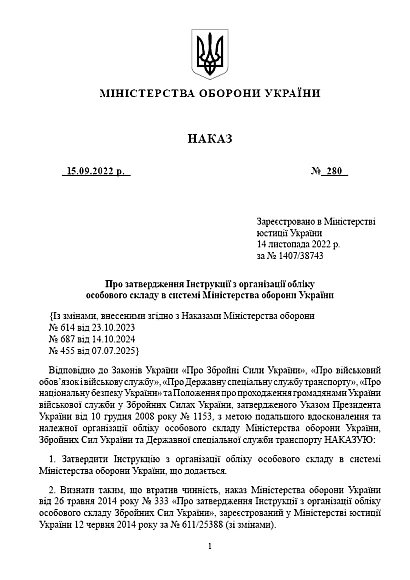 Приказ 280 Инструкции по организации учета личного состава в системе Минобороны