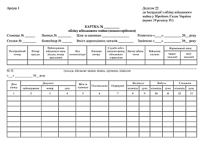 Карточка учета военного имущества (некатегорийного), 25 карточек Приказ 440