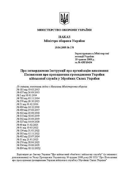 Приказ №170 Инструкции об организации прохождения общ.Украины воен.службы