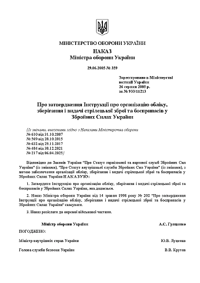Наказ 359 Інструкції про організацію обліку, зберігання зброї та боєприпасів ЗСУ