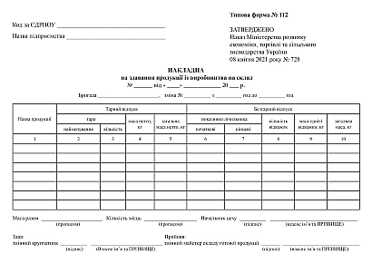 Накладна на здавання продукції із виробництва на склад Форма 112
