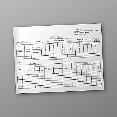 Картка обліку військового майна (некатегорійного), лист 1, 25 карток Наказ 440