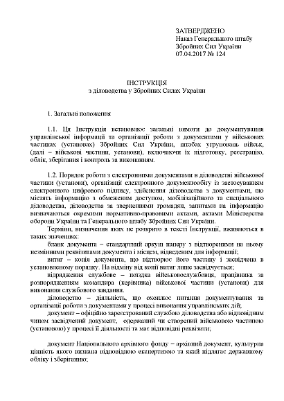 Наказ 124 + Додатки. Про затвердження Інструкції з діловодства у ЗСУ Наказ 124