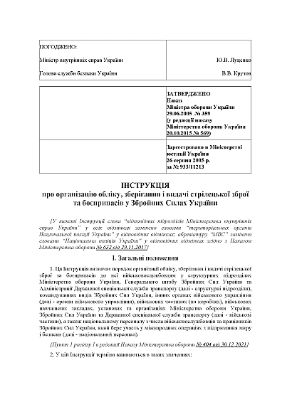 Наказ 359 Інструкції про організацію обліку, зберігання зброї та боєприпасів ЗСУ