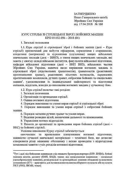 Наказ 160. Курс стрільб зі стрілецької зброї і бойових машин КРП 03. Наказ 160