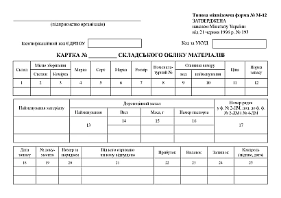 Картка складського обліку матеріалів Форма М-12