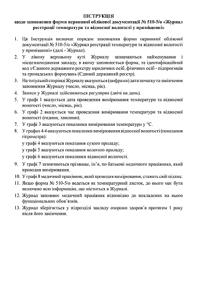 Журнал реєстрації температури та відносної вологості у приміщенні