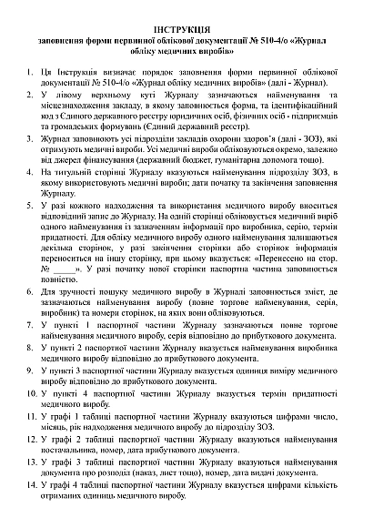 Журнал обліку медичних виробів Форма  510-4/о