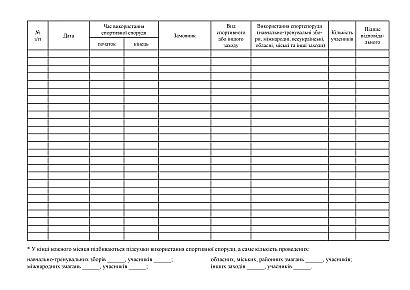 В наявності Журнал обліку використання спортивної споруди