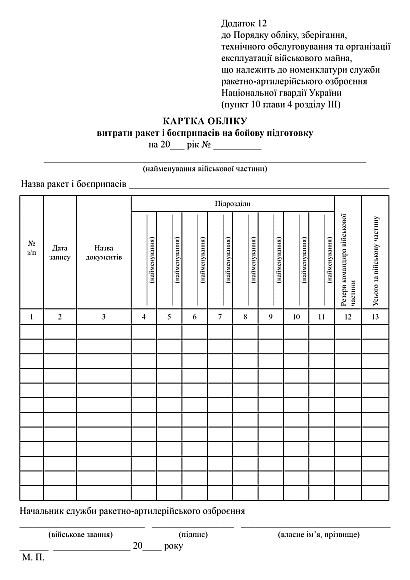 Карточка учета расхода ракет и боеприпасов на боевую подготовку купить на Ukroblik